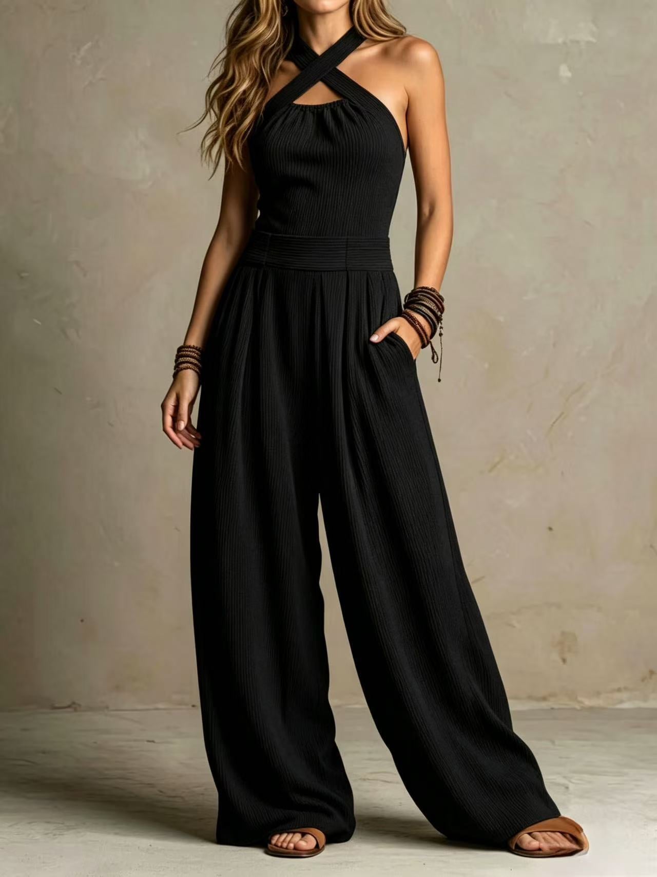 Amber | Boho Halter Jumpsuit met Wijde Broek en Zakken