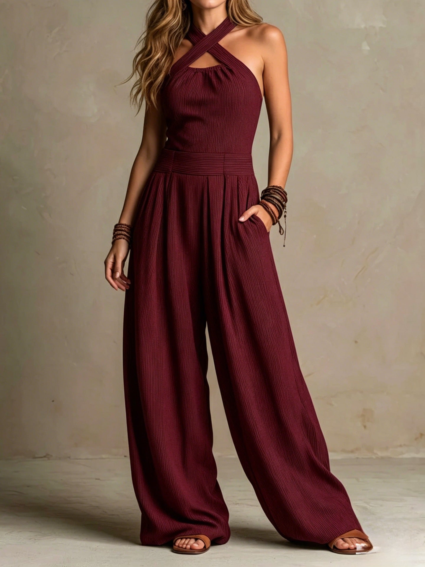 Amber | Boho Halter Jumpsuit met Wijde Broek en Zakken