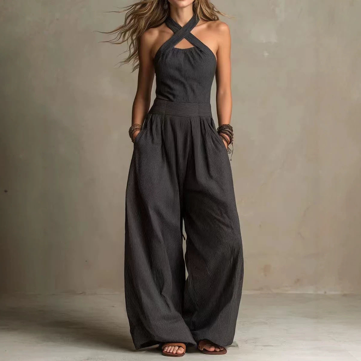 Amber | Boho Halter Jumpsuit met Wijde Broek en Zakken