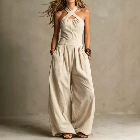 Amber | Boho Halter Jumpsuit met Wijde Broek en Zakken