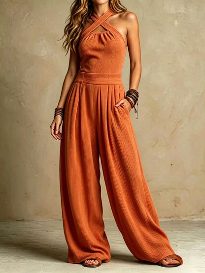 Amber | Boho Halter Jumpsuit met Wijde Broek en Zakken
