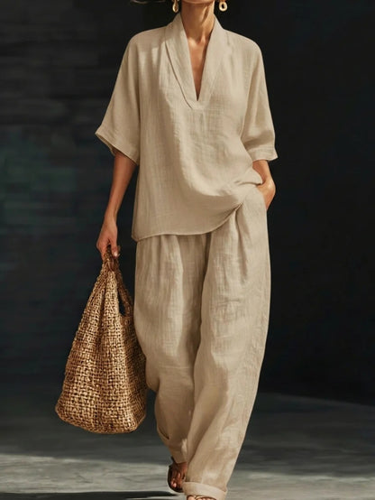 Ava | 2-Delige Set met Wijde Broek en Halflange Mouwen