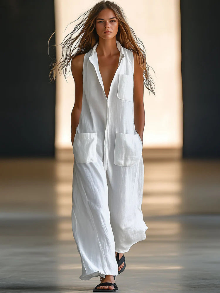 Mia | Witte Mouwloze Jumpsuit met Zakken
