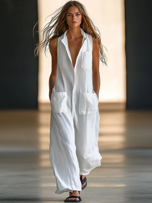 Mia | Witte Mouwloze Jumpsuit met Zakken